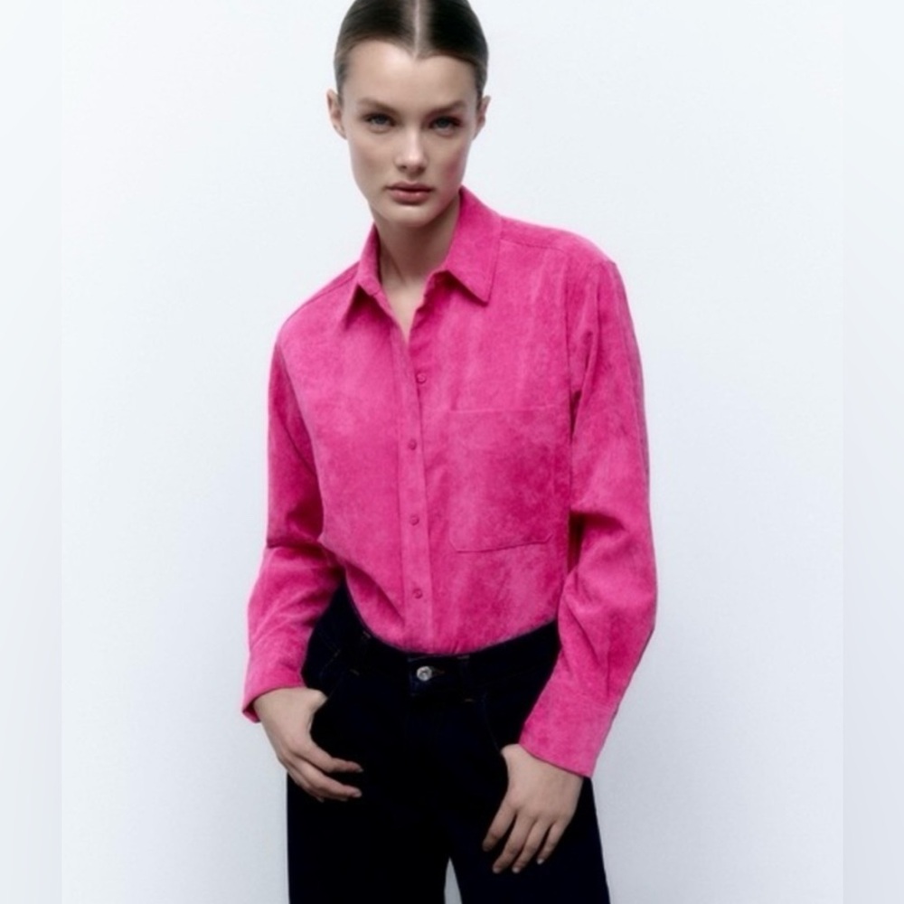 ZARA Fuchsia Pink Corduroy Long Sleeve Button Down Shirt Size L Shacket Pocket